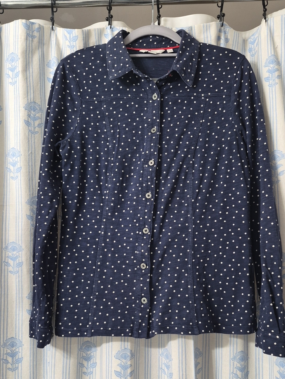Boden Navy Blue & White Polka Dot Cotton Button-Down Shirt Sz 6R